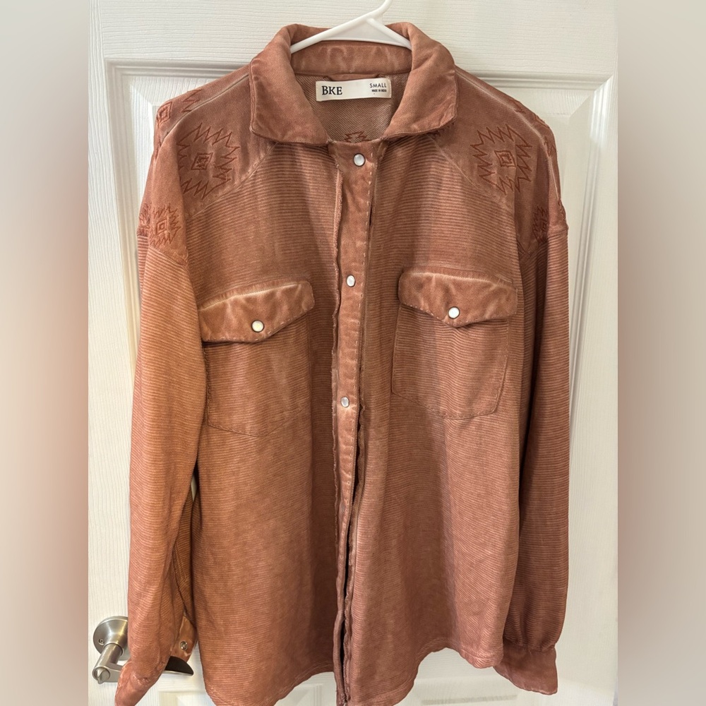 BKE Brown Pearl Snap Button down Shirt Jacket- Oversized